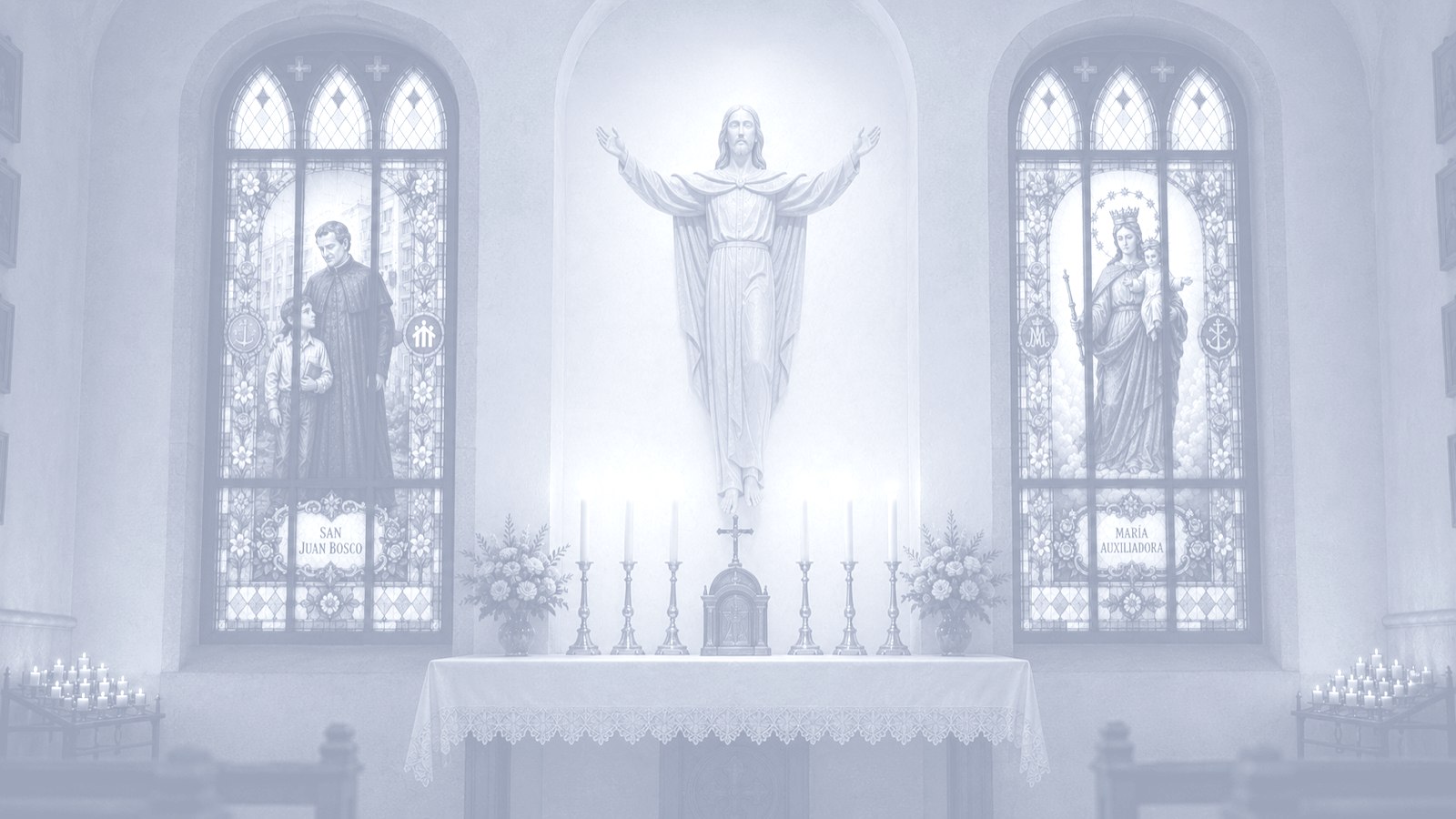 Altar con vidrieras de San Juan Bosco y María Auxiliadora, velas encendidas