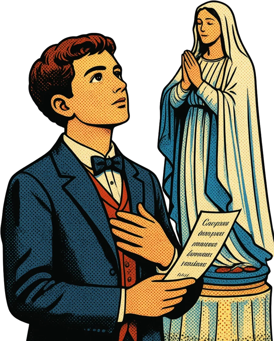 Ilustración de Domingo Savio rezando junto a la Virgen María