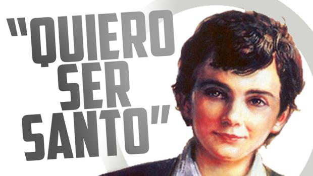 Retrato de Domingo Savio con el lema "Quiero ser santo"