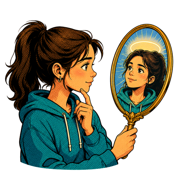 Una joven se mira al espejo y ve el reflejo de un santo con aureola